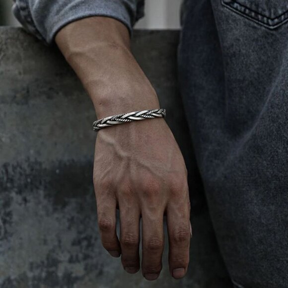 925 Sterling Silver Mens Bangle Bracelet Modern Twist Cuff Bracelet - Picture 6 of 6